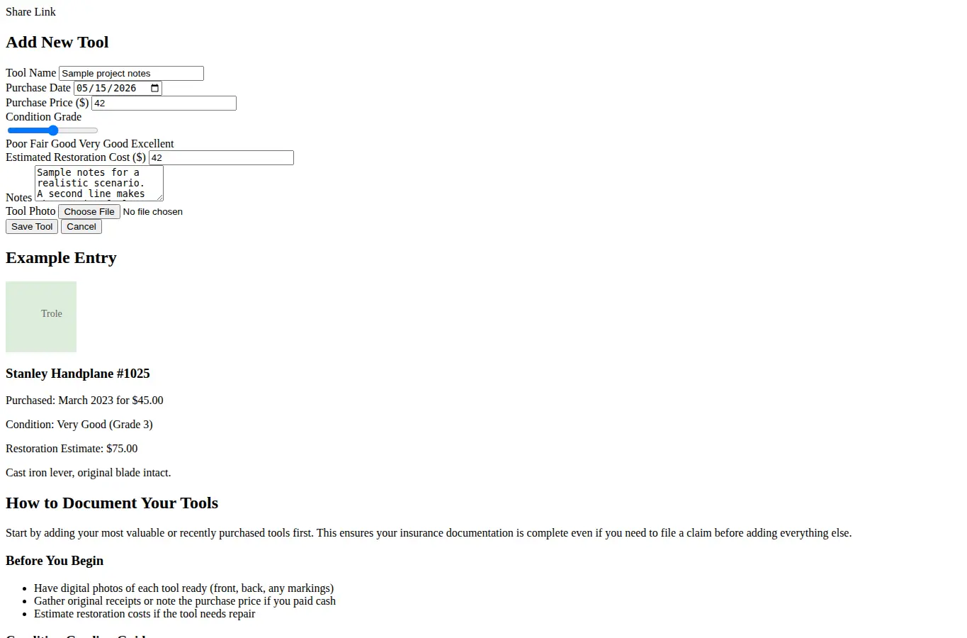 Screenshot of Vintage Tool Receipt Archiver interface showing the project page in use